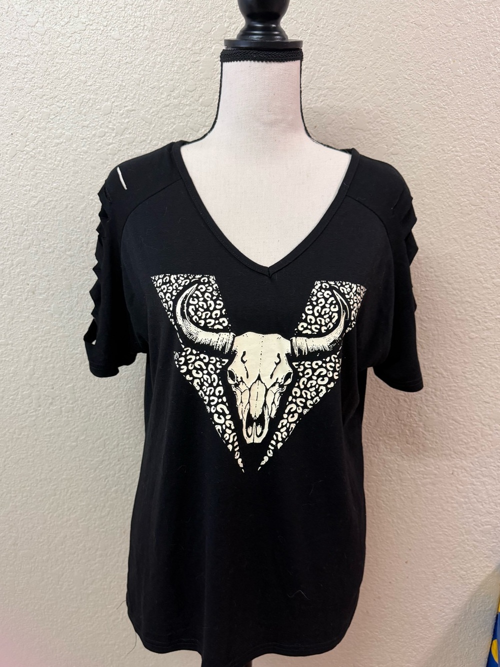 Black V-Neck Short Sleeve Top with Bull Skull Graphic